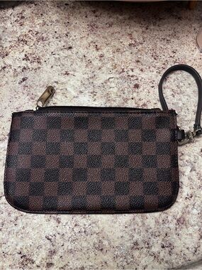 Checkerboard Zip Wristlet or credit card wallet in brown